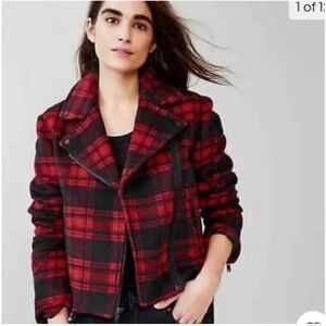 Gap Red Black Buffalo Plaid Wool Polyester Zip Front Moto Biker Jacket S